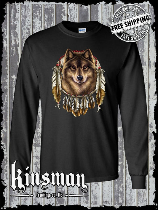 Wolf Dreamcatcher with Feathers Long Sleeve T-Shirt Native American Indian