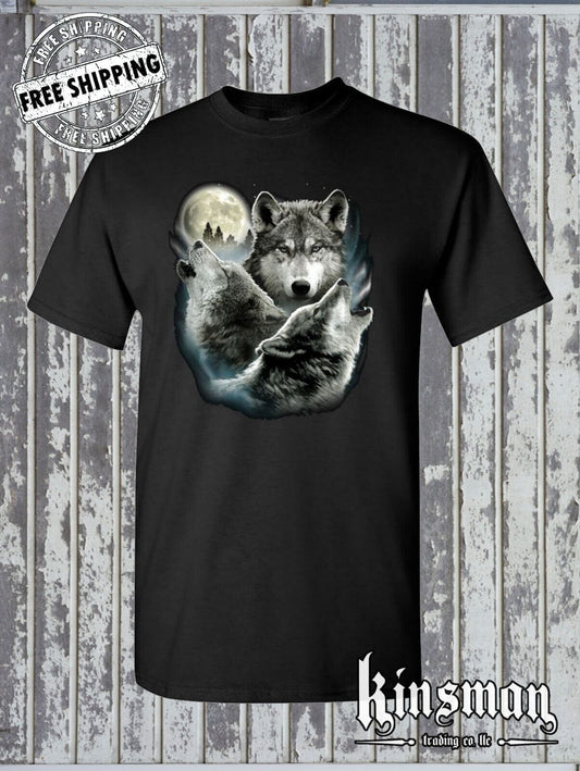 Three Wolves Howling at Moon T-Shirt Native American Indian Outdoors