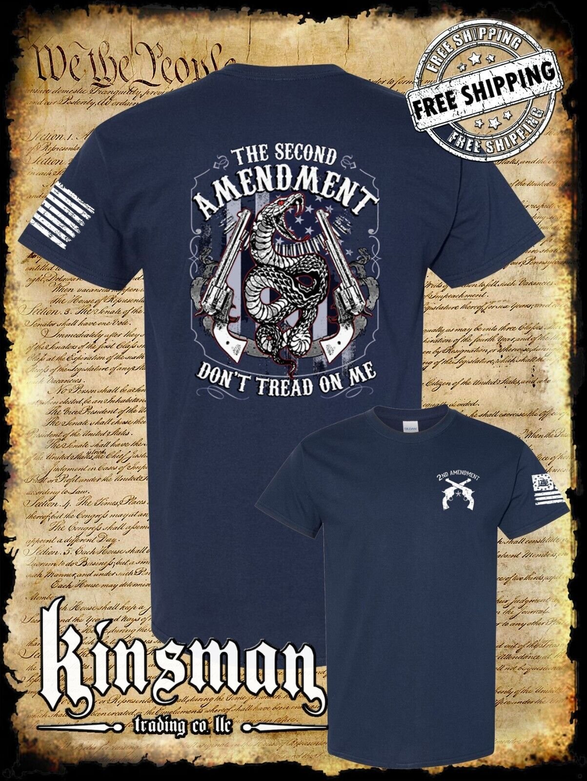 Second Amendment Don't Tread on Me Rattlesnake 2-Sided T-Shirt .45 Revolvers