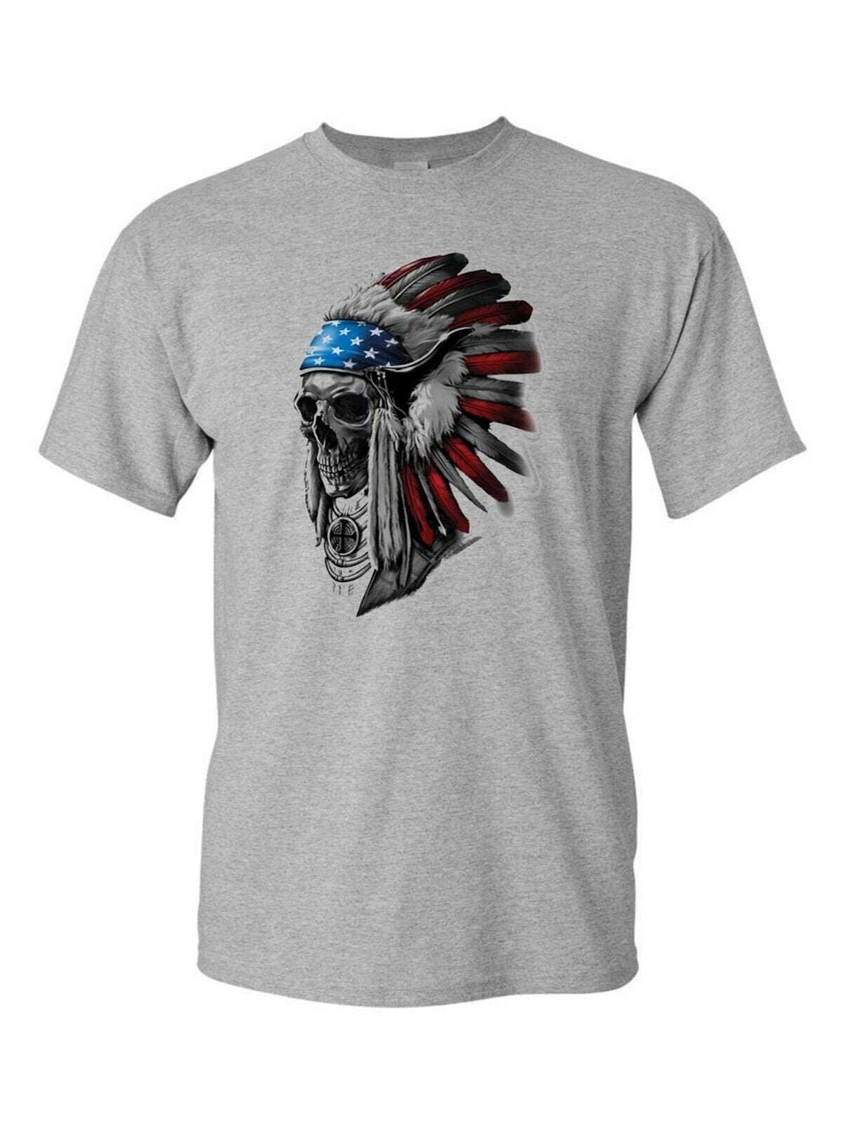 Patriotic Chief Skull Native American War Bonnet Feather T-Shirt USA Freedom