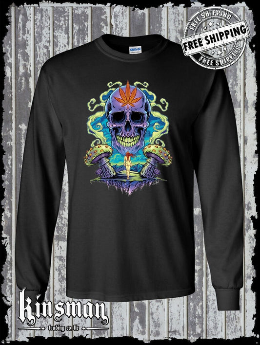 Weed Skull Mushroom Long Sleeve T-Shirt - Marijuana Smoke Stoner