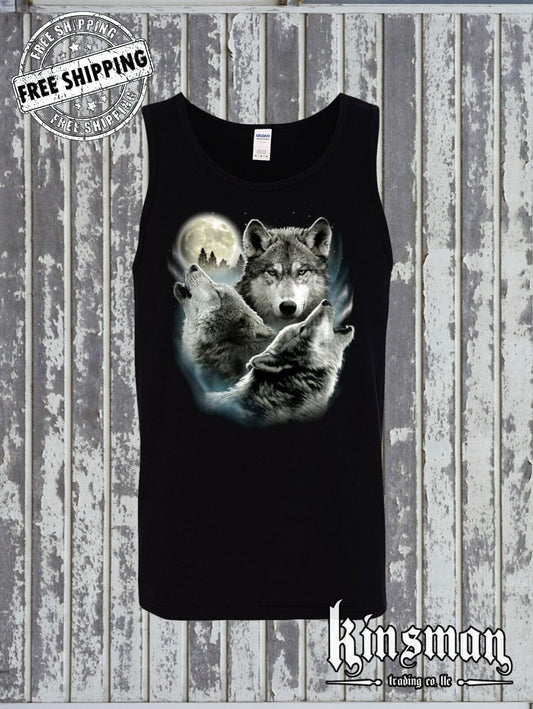 Three Wolves Howling at Moon Tank Top T-Shirt Native American Indian Outdoors