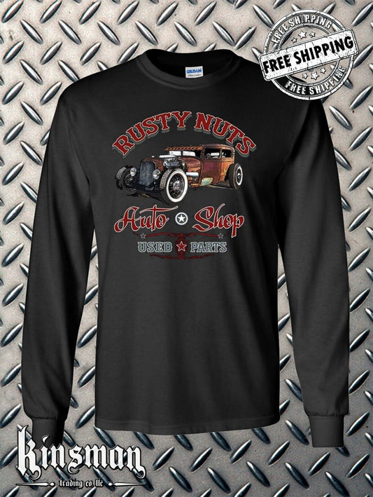 Rusty Nuts Auto Shop Long Sleeve T-Shirt -Hot / Rat Rod Retro Mechanic Garage