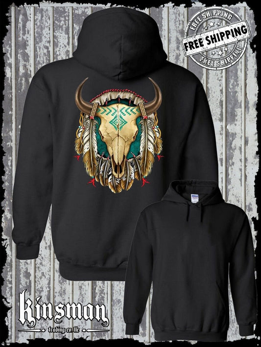 Steer Skull Dreamcatcher Hoodie Sweatshirt / Native American Indian Feathers