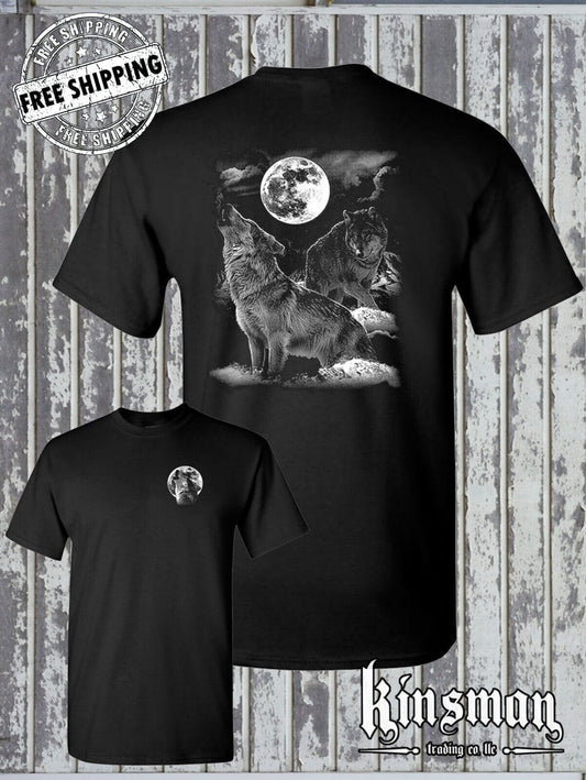 Night Wolves Howling at Moon 2-Sided T-Shirt / Native American Pride Indian