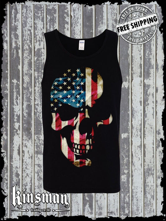 AMERICANA SKULL Tank Top T-Shirt Patriotic United States American Flag Biker Tee