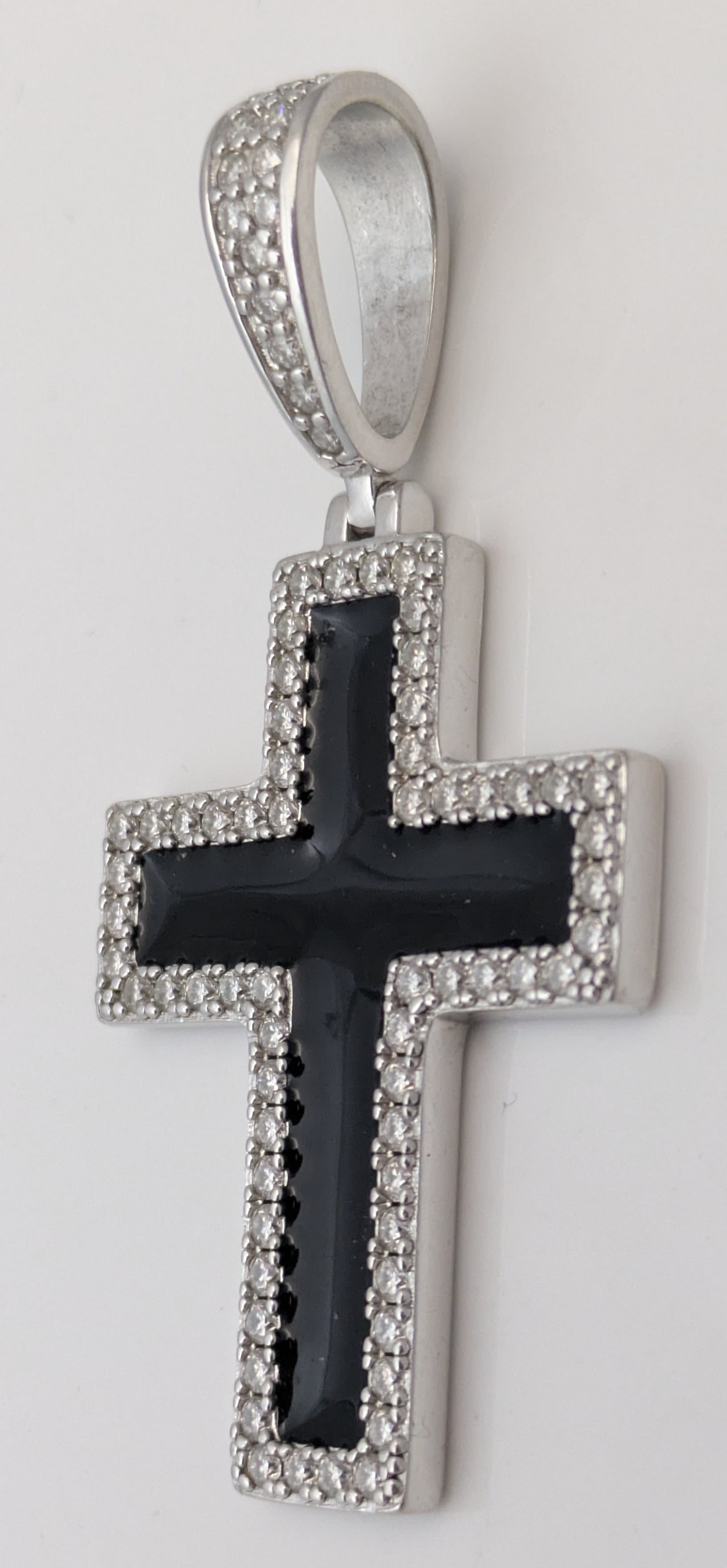 925 Sterling Silver Moissanite Cross Pendant / Charm Black Enamel Harlem Bling