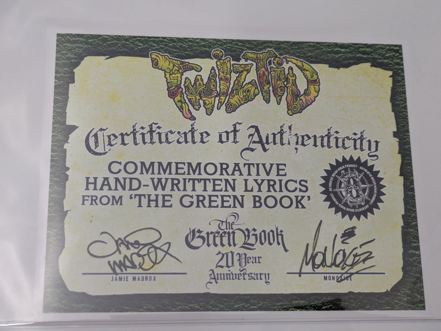 Twiztid Hand Written Signed Lyric Sheet Monoxide Frank En Stein Green Book ICP