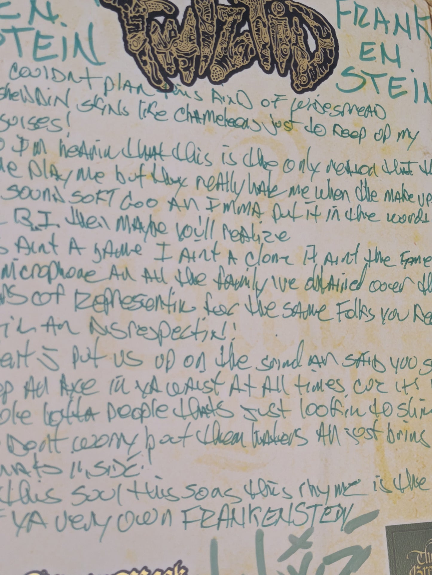 Twiztid Hand Written Signed Lyric Sheet Monoxide Frank En Stein Green Book ICP