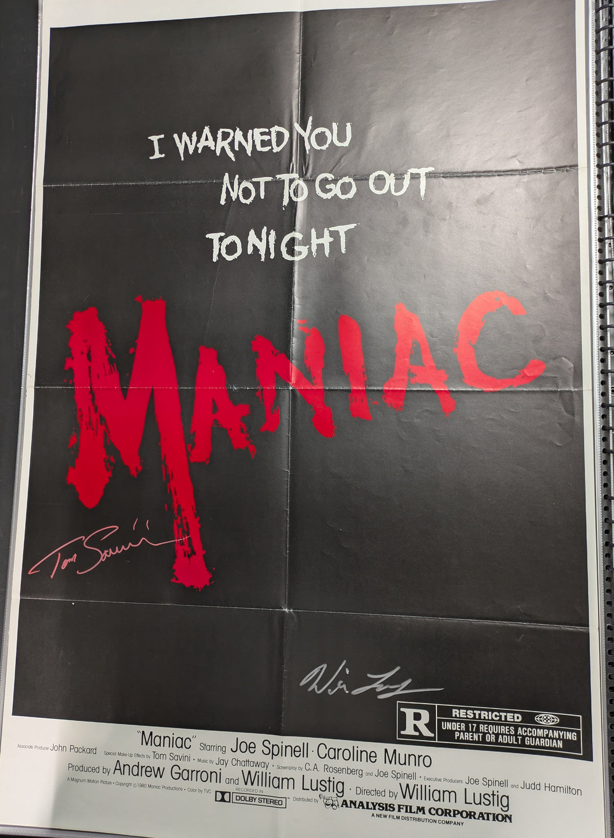 Original Maniac 1980 One Sheet Movie Poster 27x41 Signed x2 Tom Savini & Lustig