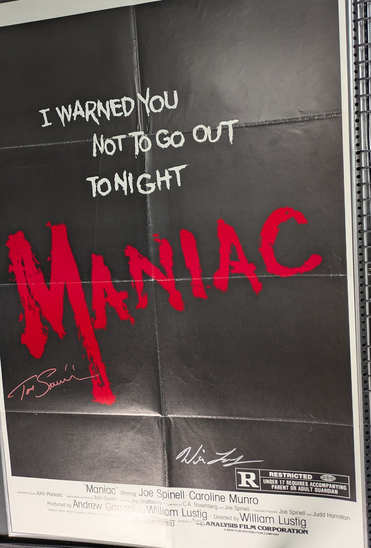 Original Maniac 1980 One Sheet Movie Poster 27x41 Signed x2 Tom Savini & Lustig