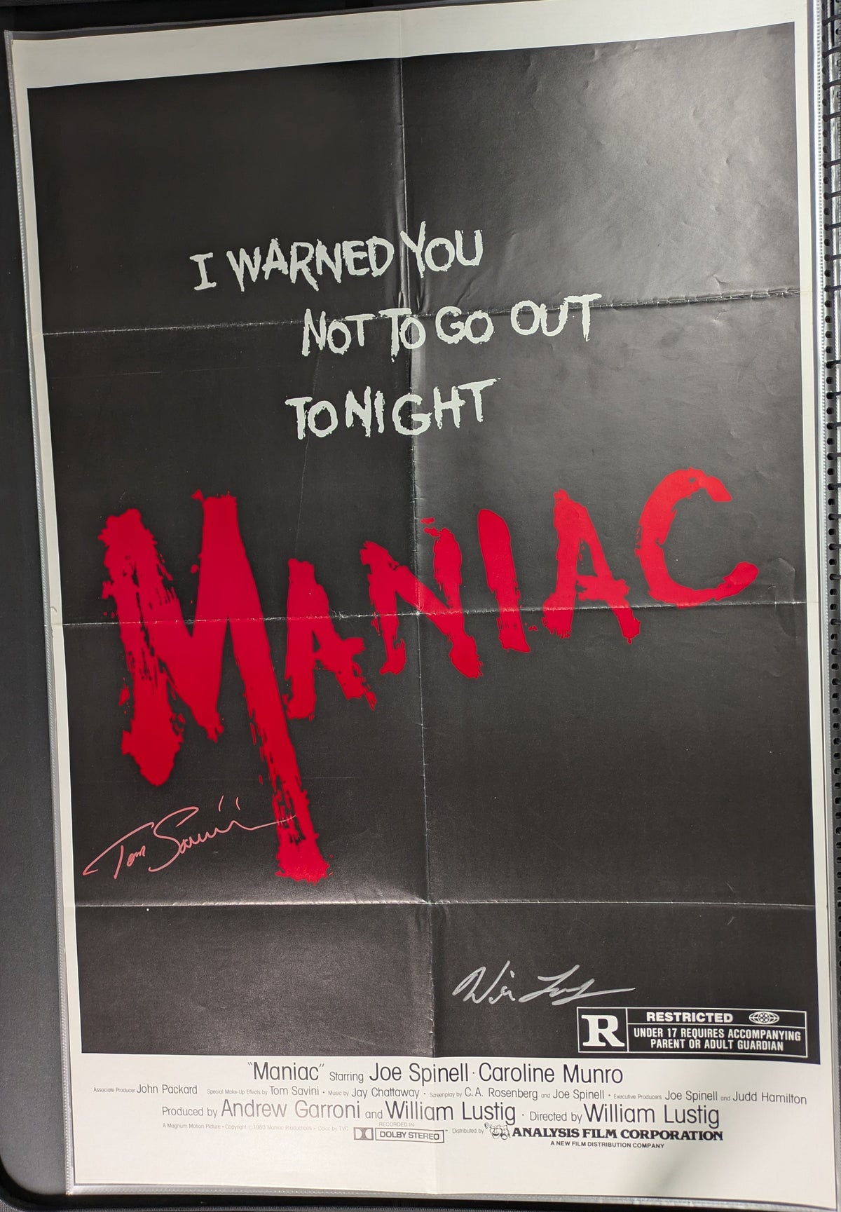 Original Maniac 1980 One Sheet Movie Poster 27x41 Signed x2 Tom Savini & Lustig