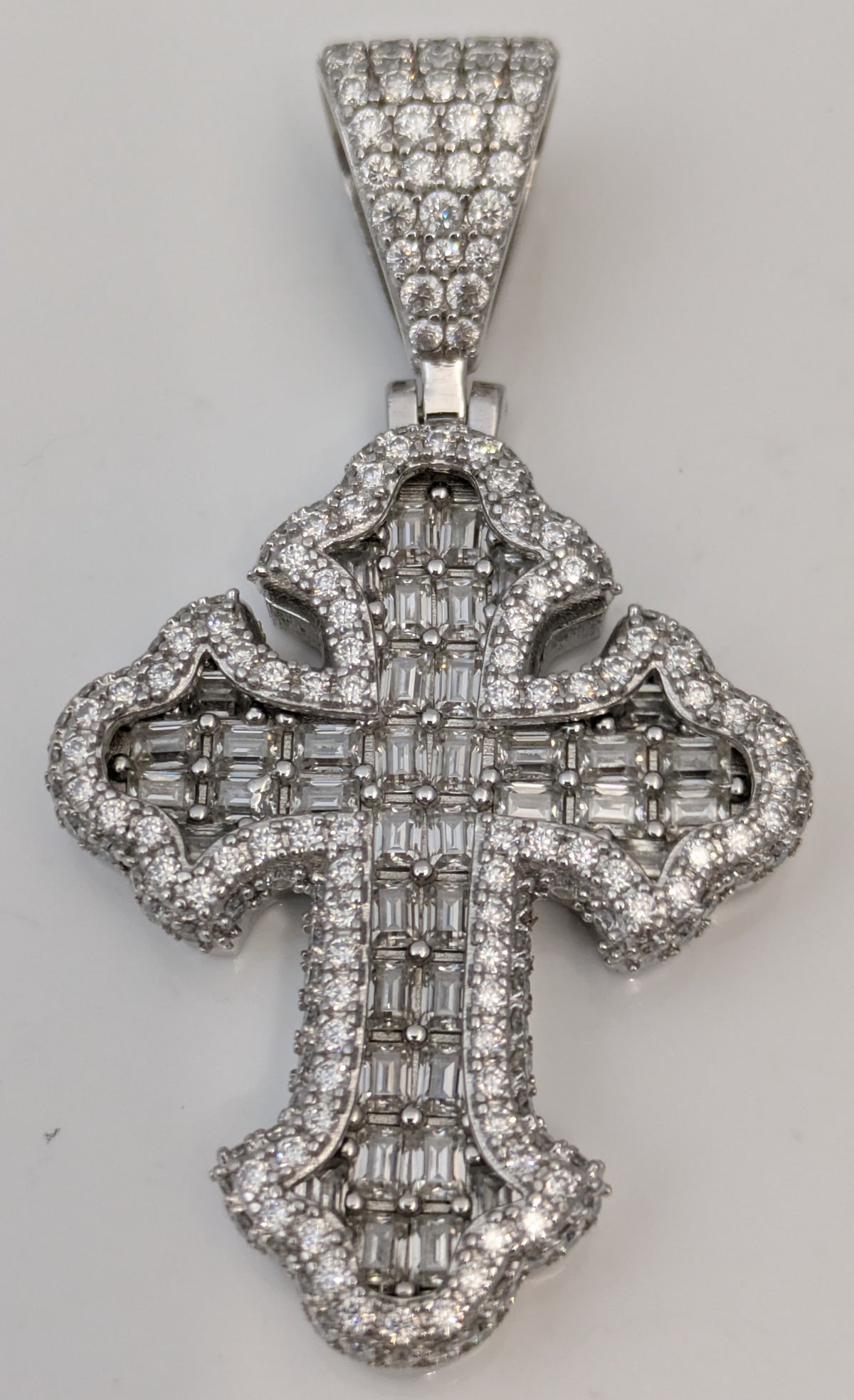 925 Sterling Silver Moissanite Cross Gothic Pendant / Charm Baquette Iced Bling