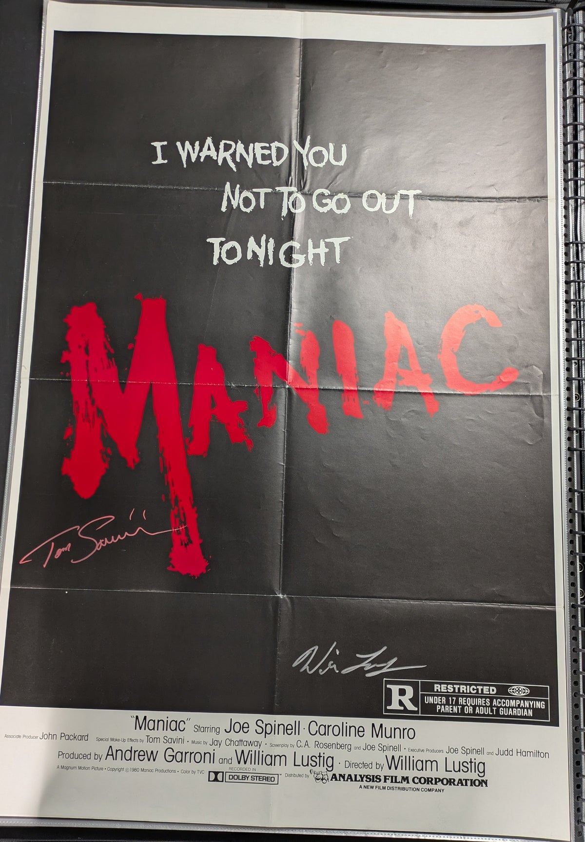 Original Maniac 1980 One Sheet Movie Poster 27x41 Signed x2 Tom Savini & Lustig