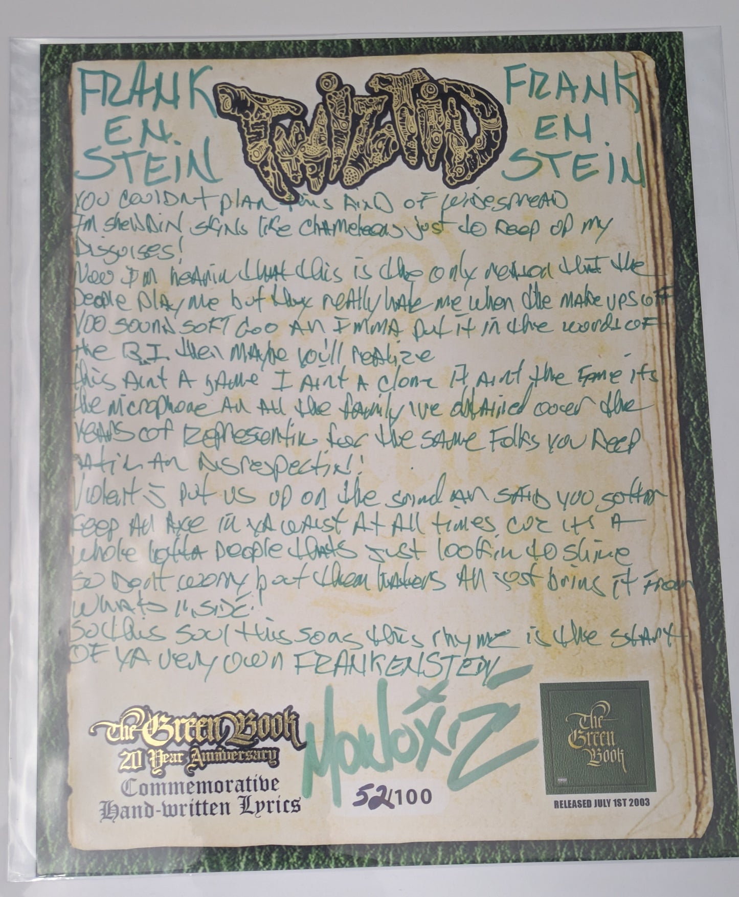 Twiztid Hand Written Signed Lyric Sheet Monoxide Frank En Stein Green Book ICP