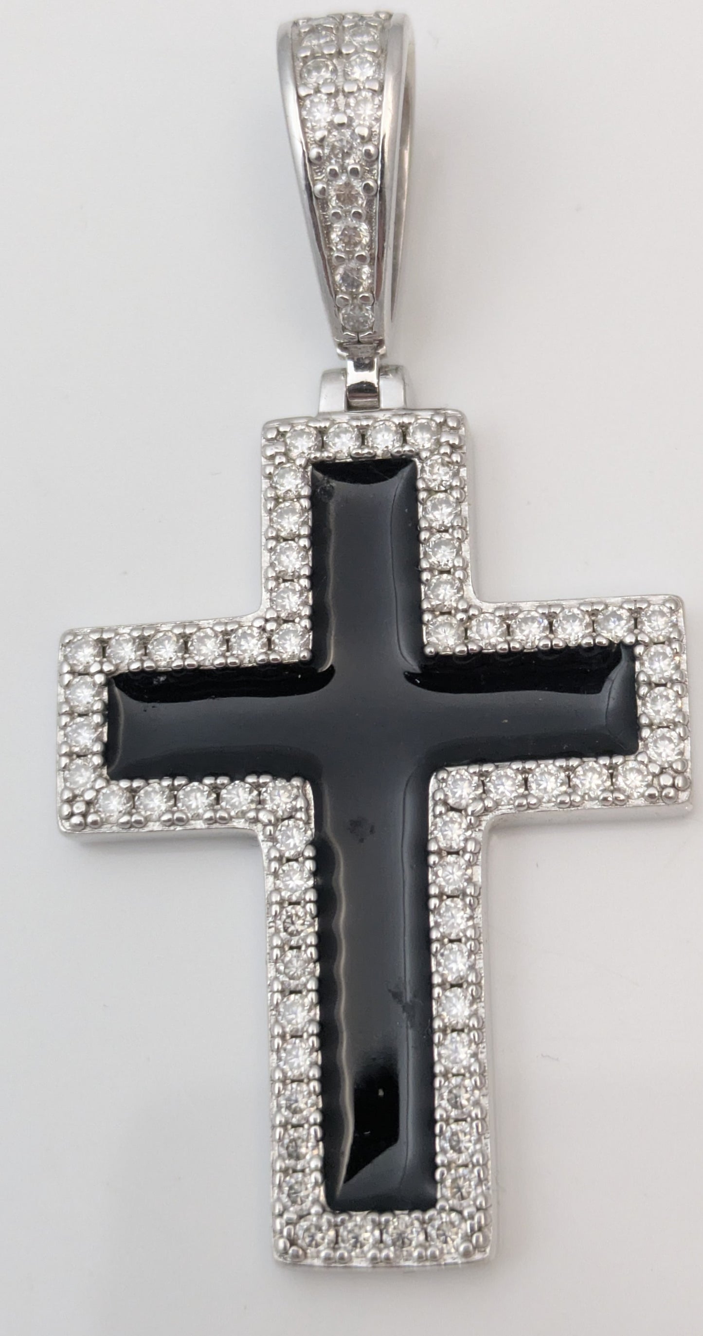 925 Sterling Silver Moissanite Cross Pendant / Charm Black Enamel Harlem Bling