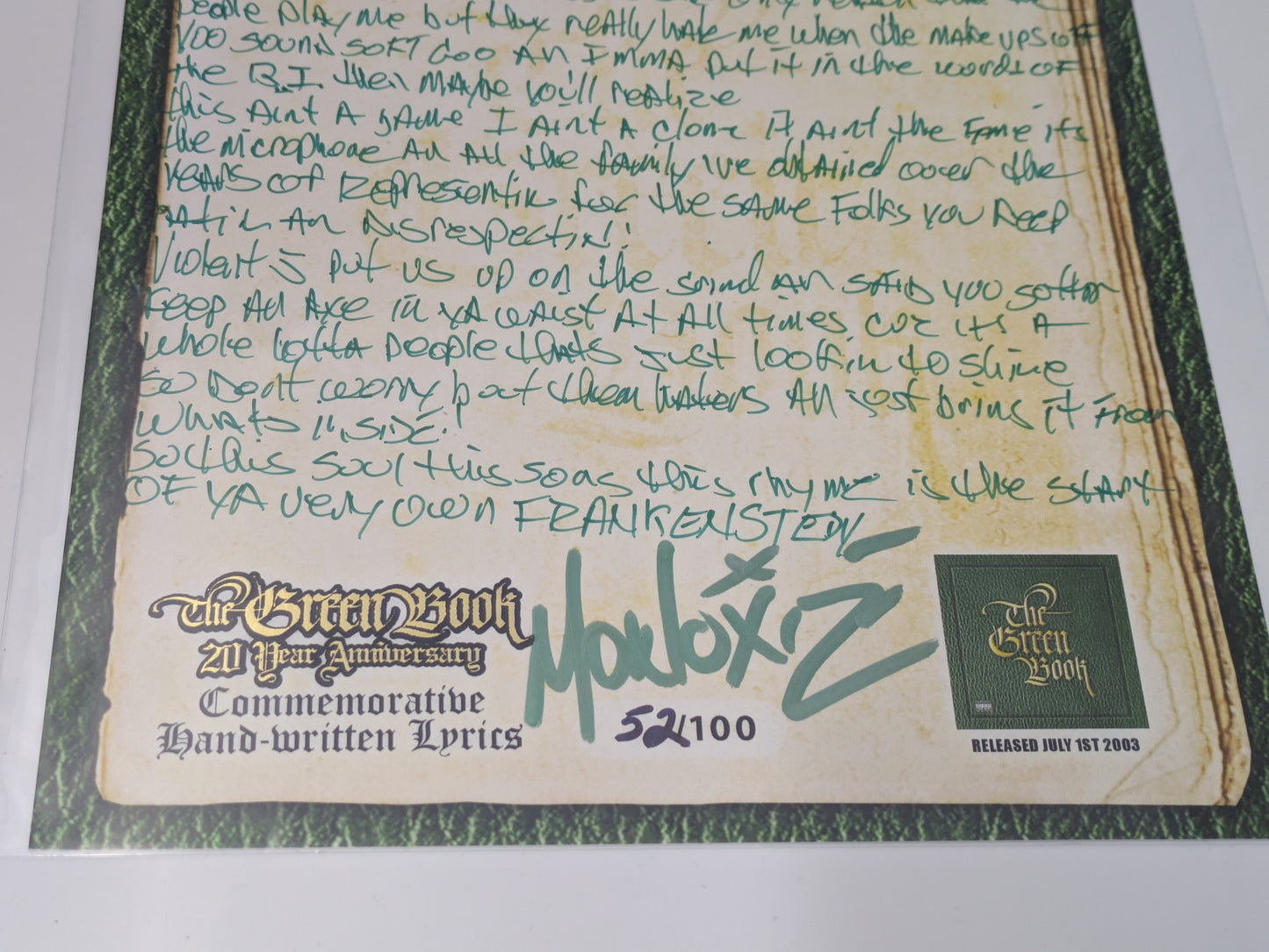 Twiztid Hand Written Signed Lyric Sheet Monoxide Frank En Stein Green Book ICP