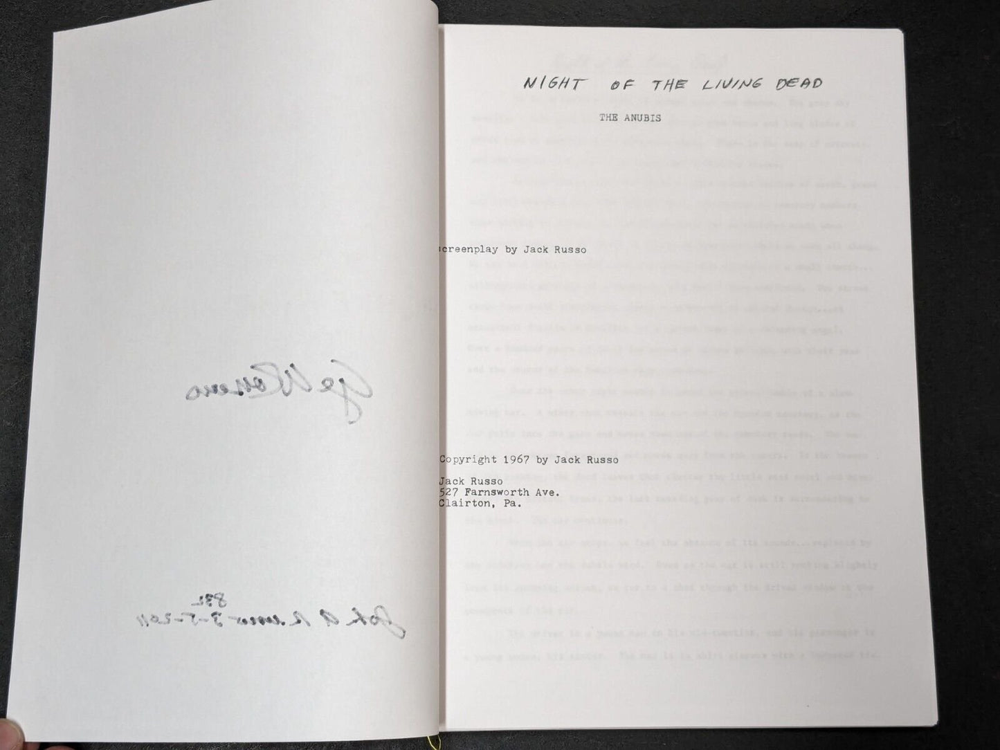 Night of the Living Dead / Anubis Script Signed by George A. Romero & John Russo