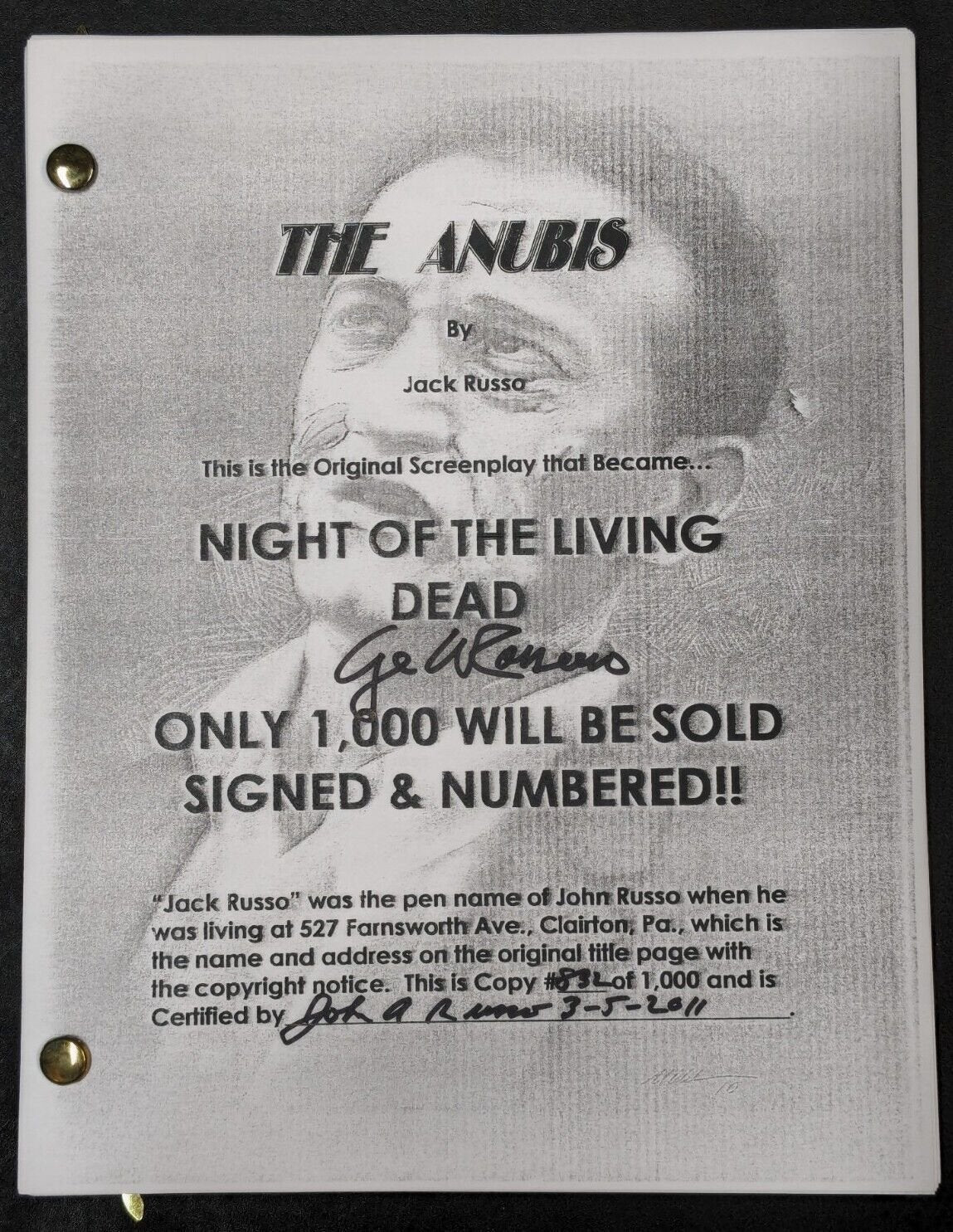 Night of the Living Dead / Anubis Script Signed by George A. Romero & John Russo